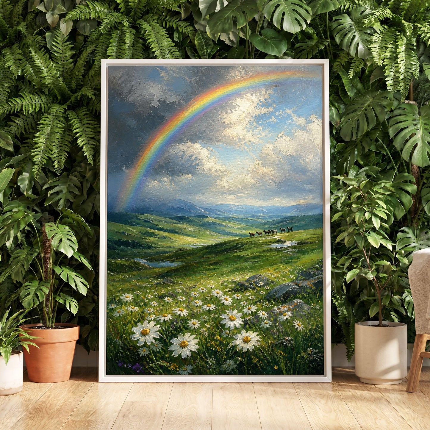 Rainbow Over Wildflower Vale, green, blue, white nature wall art displayed in a styled interior, gallery view 5