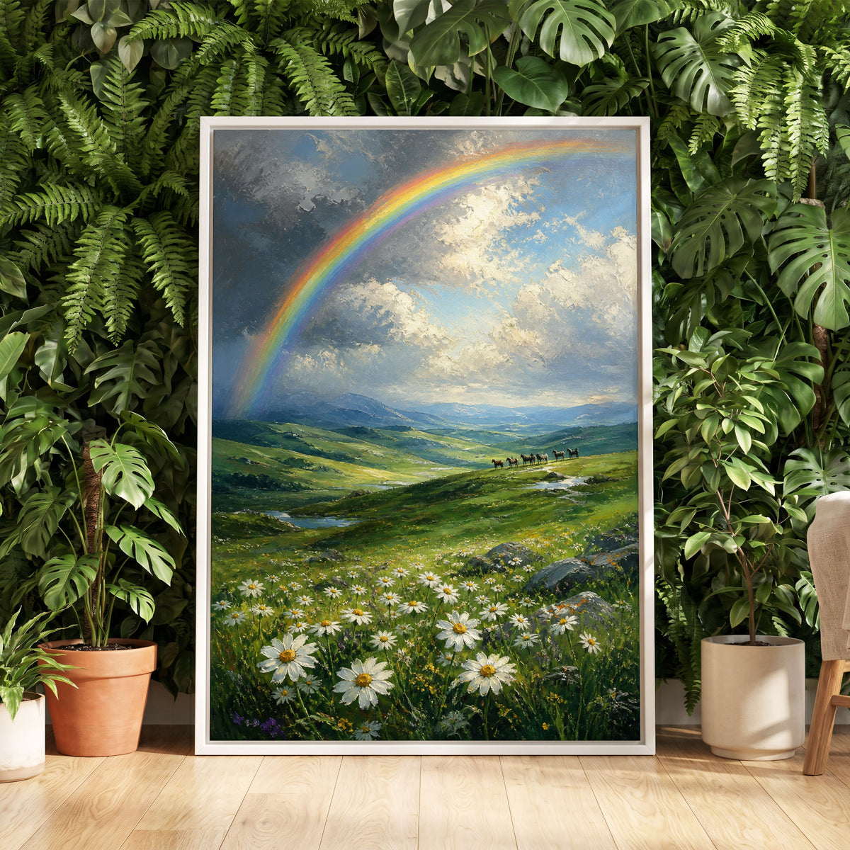 Rainbow Over Wildflower Vale, green, blue, white nature wall art displayed in a styled interior, gallery view 5