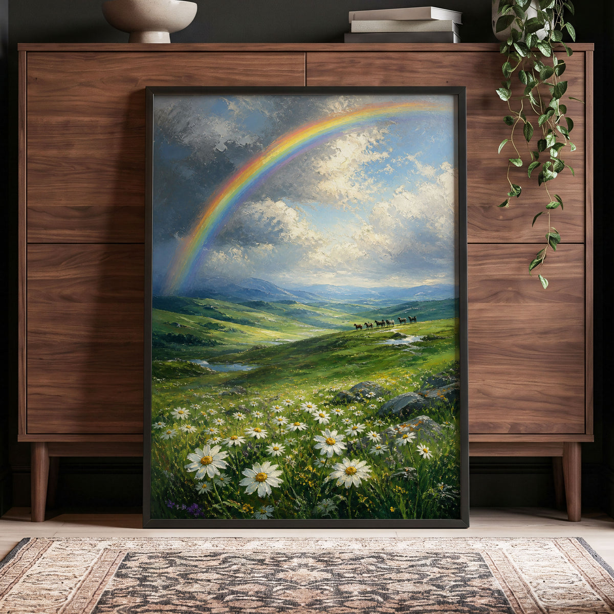 Rainbow Over Wildflower Vale, blue, green, white nature wall art displayed in a styled interior, gallery view 5