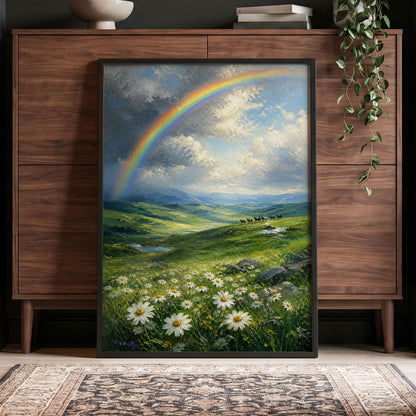 Rainbow Over Wildflower Vale, blue, green, white nature wall art displayed in a styled interior, gallery view 5