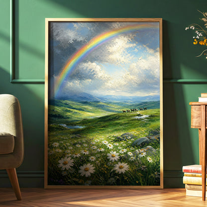 Rainbow Over Wildflower Vale, green, blue, white nature wall art displayed in a styled interior, gallery view 6