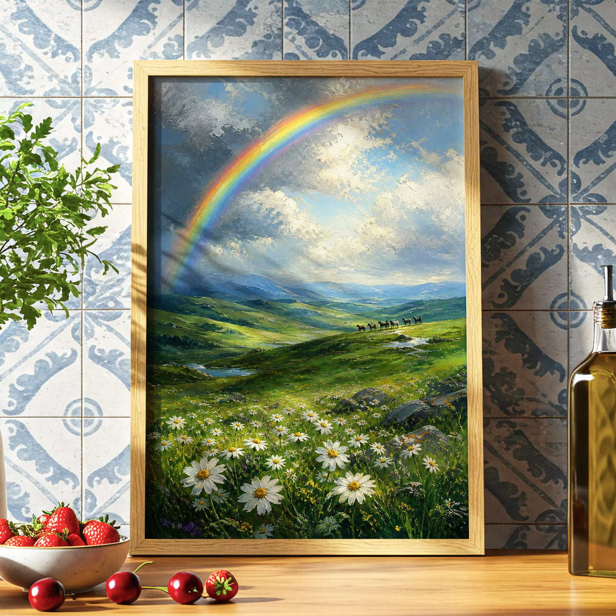 Rainbow Over Wildflower Vale, blue, green, white nature wall art displayed in a styled interior, gallery view 6