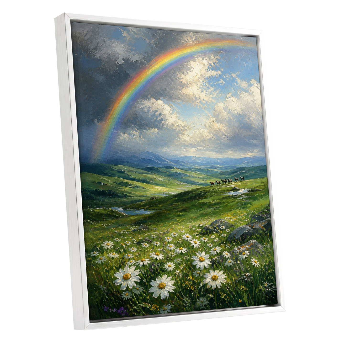 Rainbow Over Wildflower Vale, green, blue, white nature wall art shown as a white framed canvas wall art