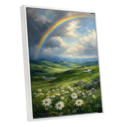 Rainbow Over Wildflower Vale, green, blue, white nature wall art shown as a white framed canvas wall art