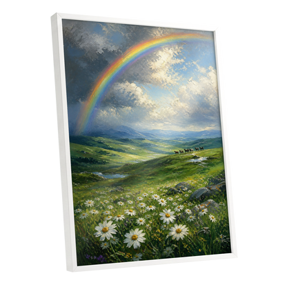 Rainbow Over Wildflower Vale, blue, green, white nature wall art shown as a white framed poster wall art print