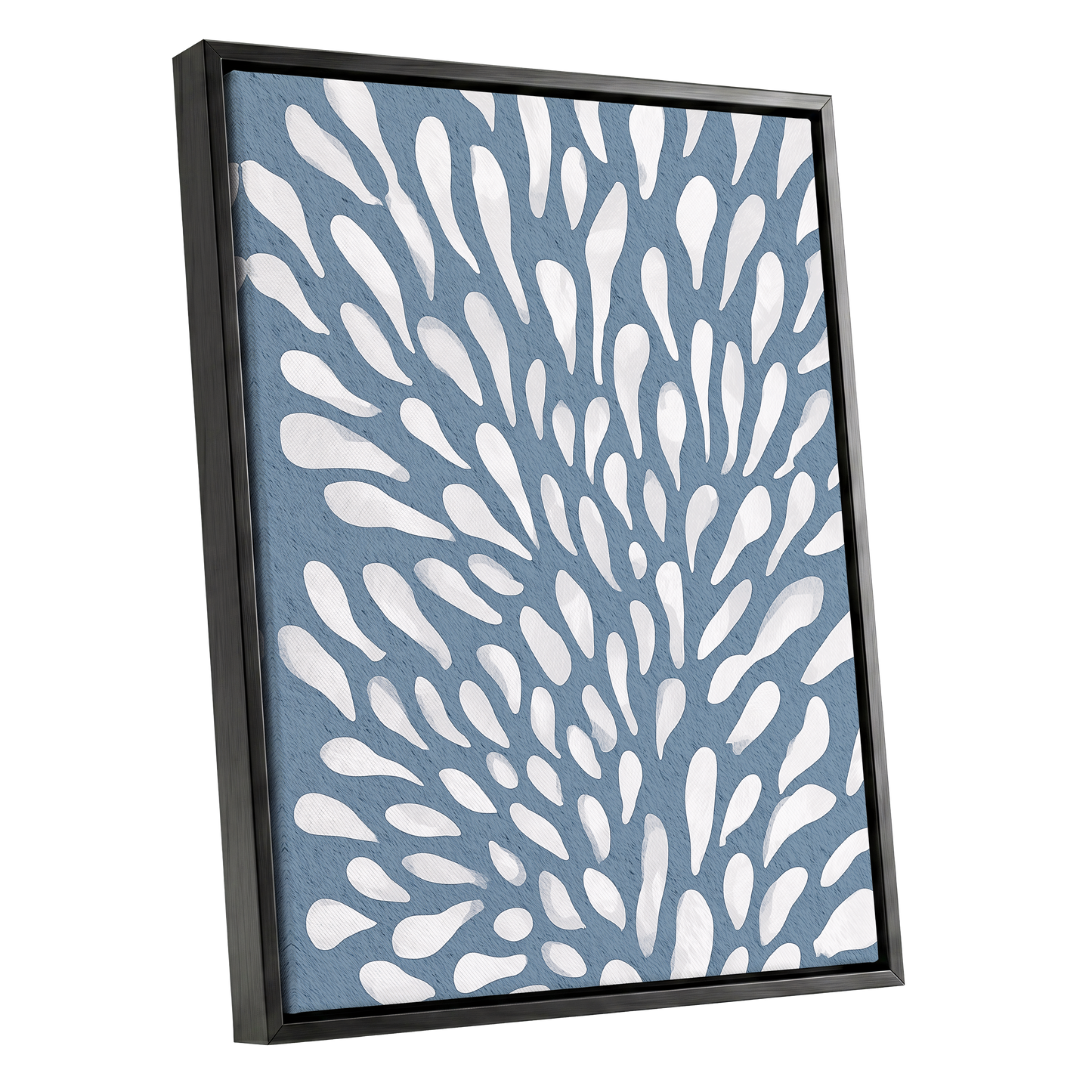 Rainfall Reverie, blue, white, gray abstract wall art shown as a black framed canvas wall art