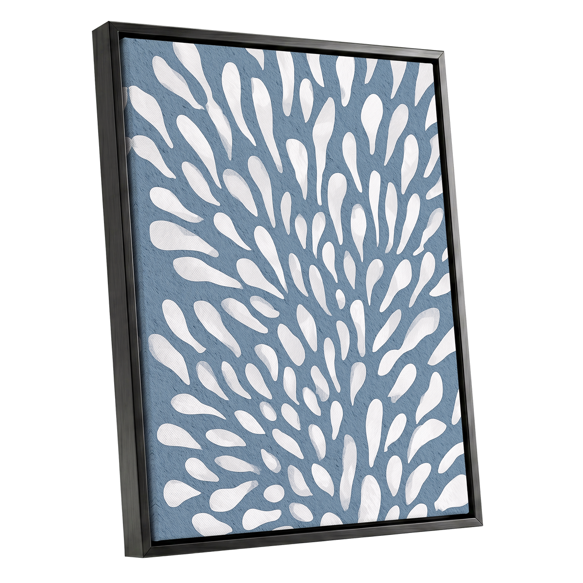 Rainfall Reverie, blue, white, gray abstract wall art shown as a black framed canvas wall art