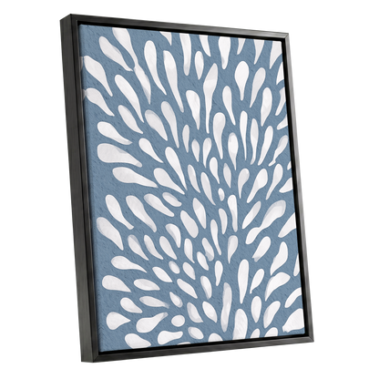 Rainfall Reverie, blue, white, gray abstract wall art shown as a black framed canvas wall art