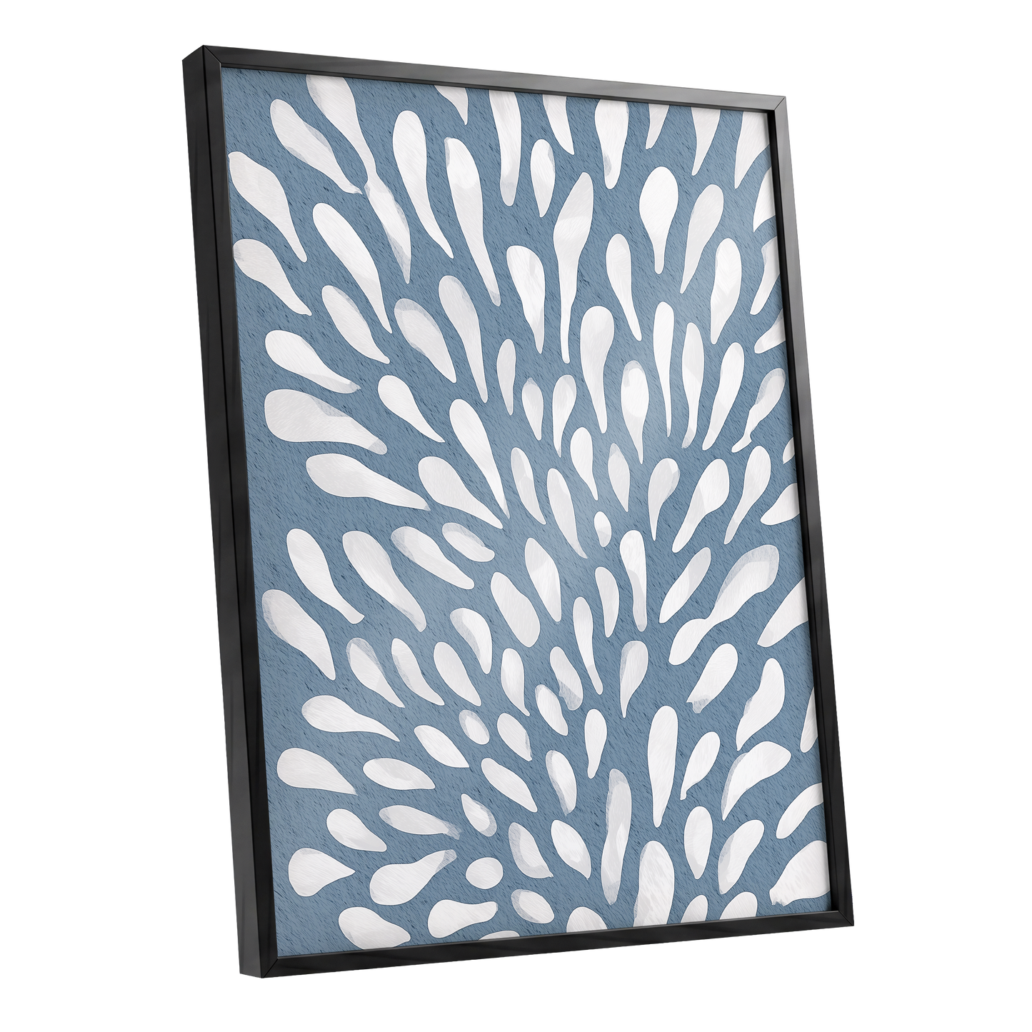 Rainfall Reverie, blue, white, gray abstract wall art shown as a black framed poster wall art print