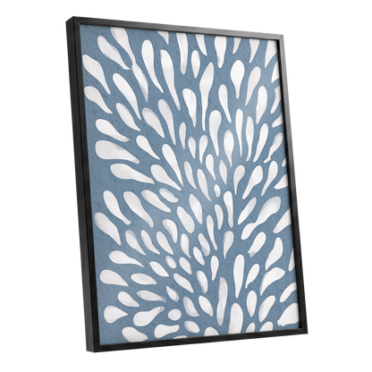 Rainfall Reverie, blue, white, gray abstract wall art shown as a black framed poster wall art print