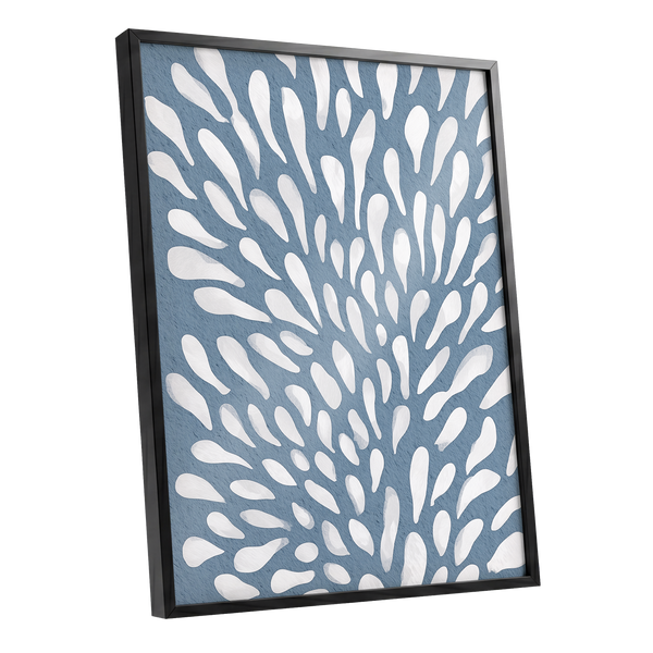 Rainfall Reverie, blue, white, gray abstract wall art shown as a black framed poster wall art print
