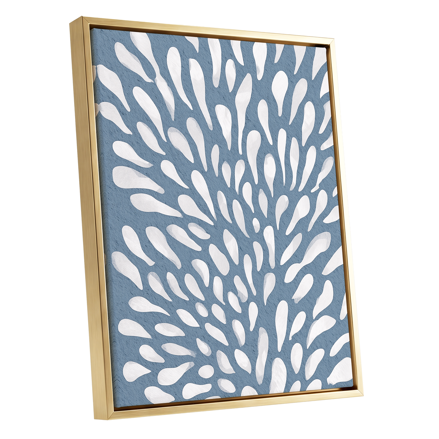 Rainfall Reverie, blue, white, gray abstract wall art shown as a gold framed canvas wall art