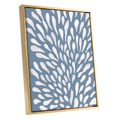 Rainfall Reverie, blue, white, gray abstract wall art shown as a gold framed canvas wall art