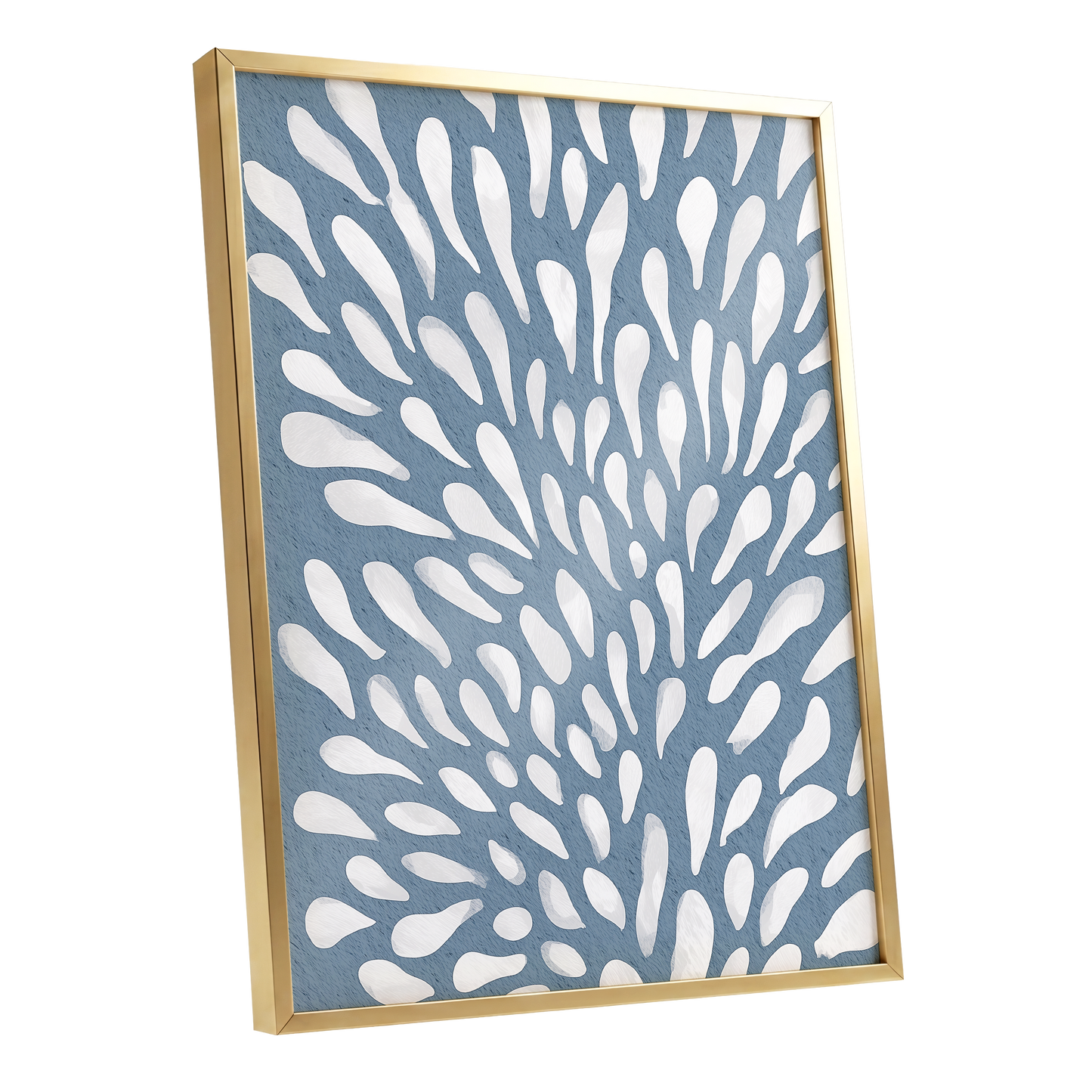 Rainfall Reverie, blue, white, gray abstract wall art shown as a gold framed poster wall art print