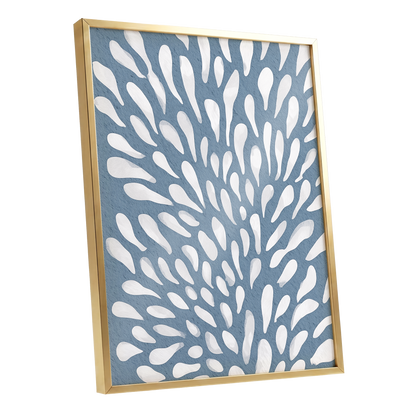 Rainfall Reverie, blue, white, gray abstract wall art shown as a gold framed poster wall art print