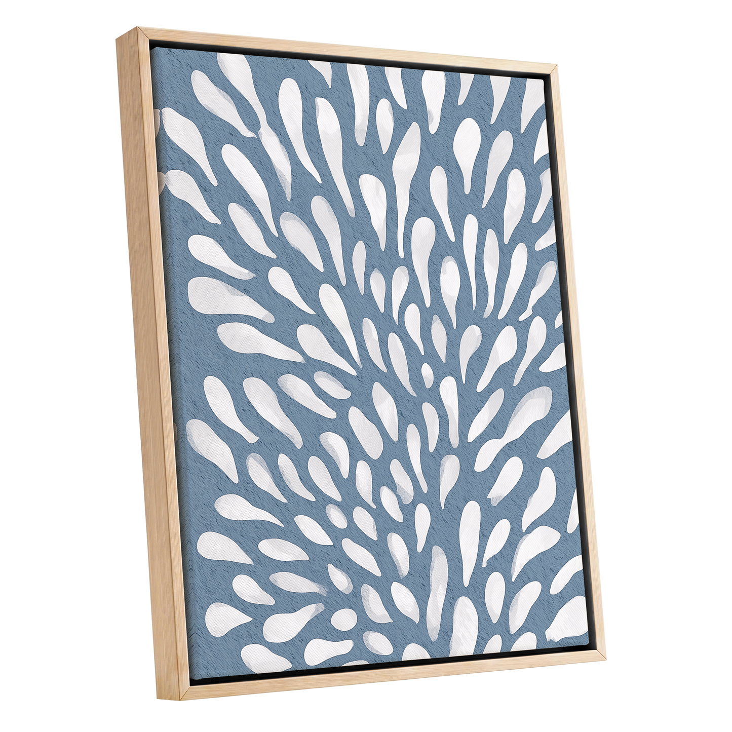 Rainfall Reverie, blue, white, gray abstract wall art shown as a oak framed canvas wall art