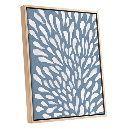 Rainfall Reverie, blue, white, gray abstract wall art shown as a oak framed canvas wall art