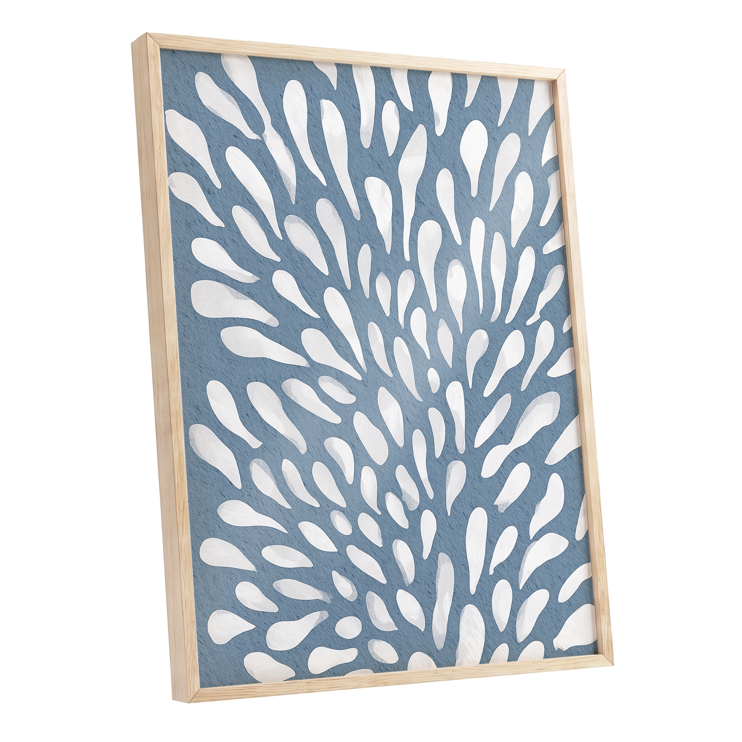 Rainfall Reverie, blue, white, gray abstract wall art shown as a oak framed poster wall art print