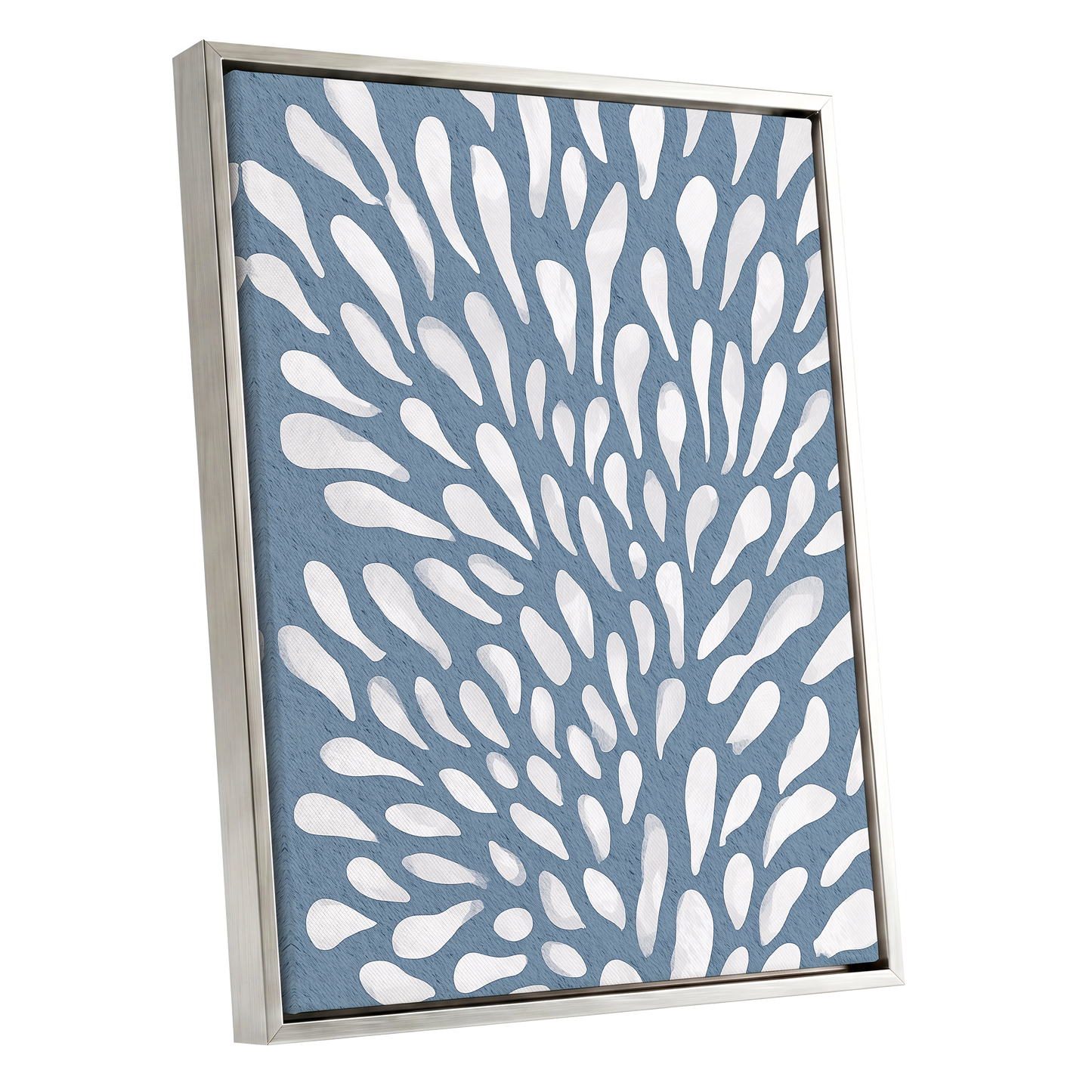 Rainfall Reverie, blue, white, gray abstract wall art shown as a silver framed canvas wall art