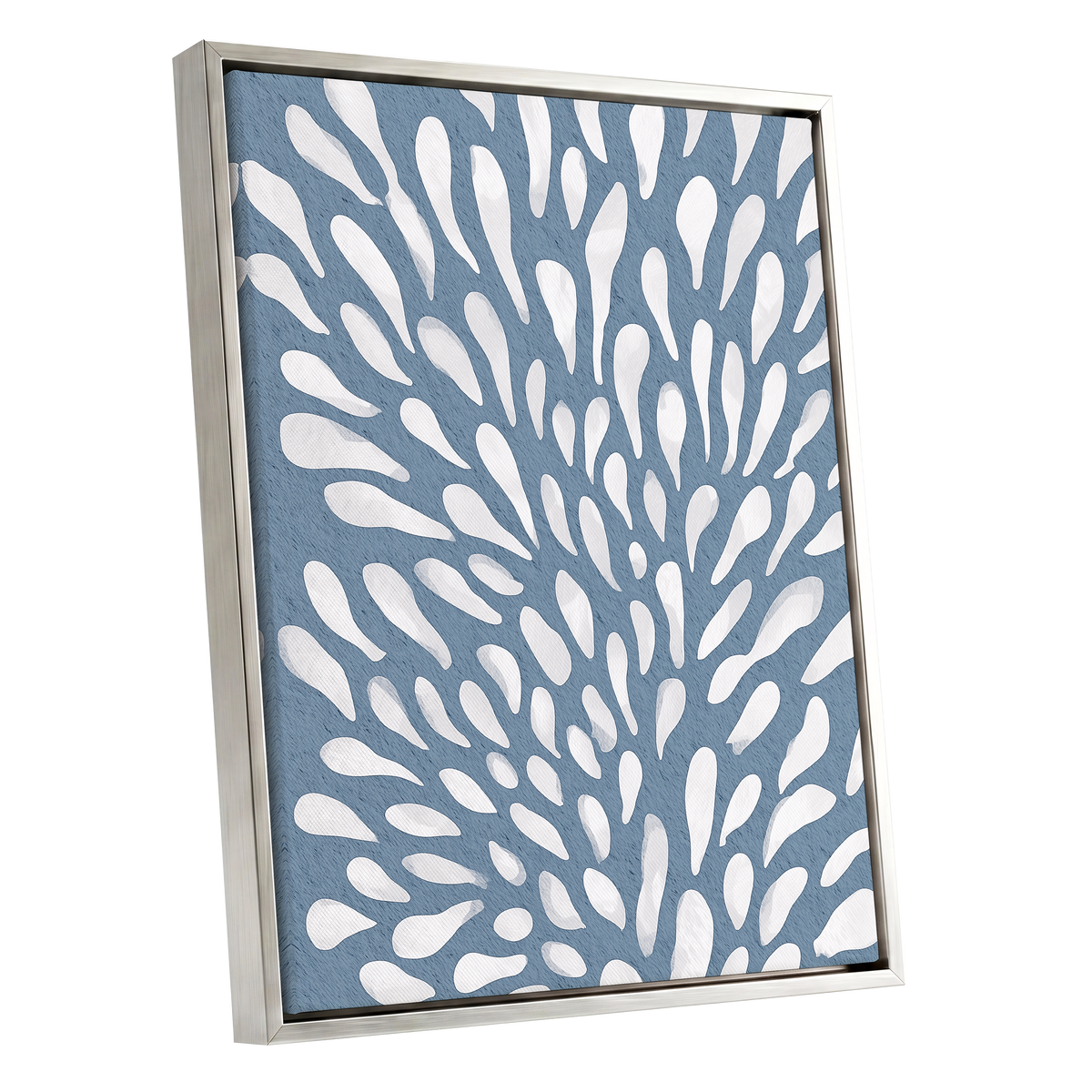 Rainfall Reverie, blue, white, gray abstract wall art shown as a silver framed canvas wall art