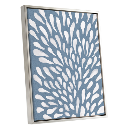 Rainfall Reverie, blue, white, gray abstract wall art shown as a silver framed canvas wall art