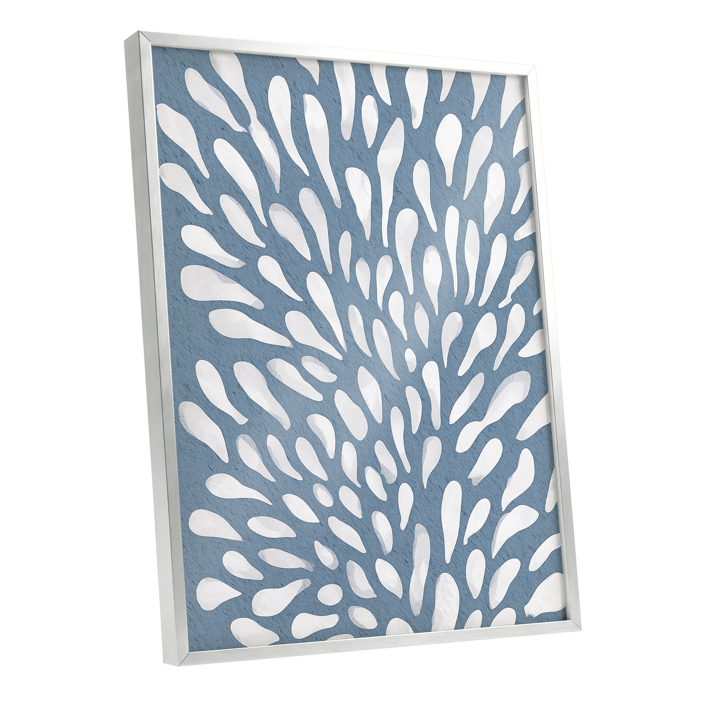Rainfall Reverie, blue, white, gray abstract wall art shown as a silver framed poster wall art print