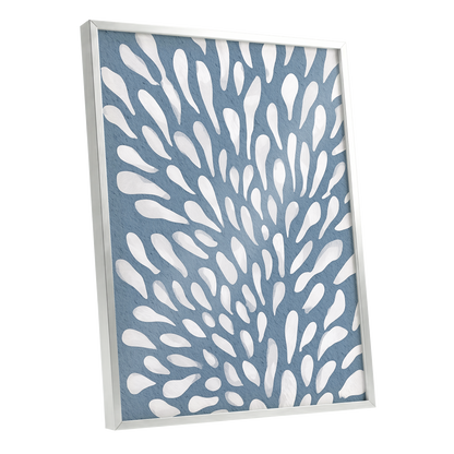 Rainfall Reverie, blue, white, gray abstract wall art shown as a silver framed poster wall art print