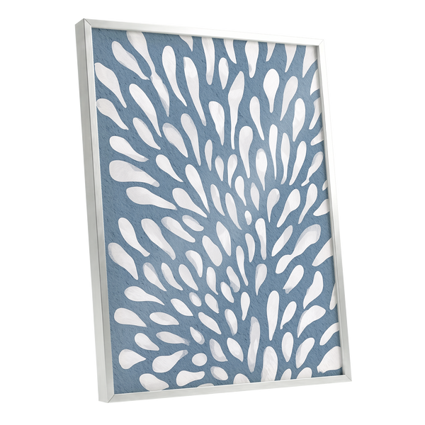 Rainfall Reverie, blue, white, gray abstract wall art shown as a silver framed poster wall art print