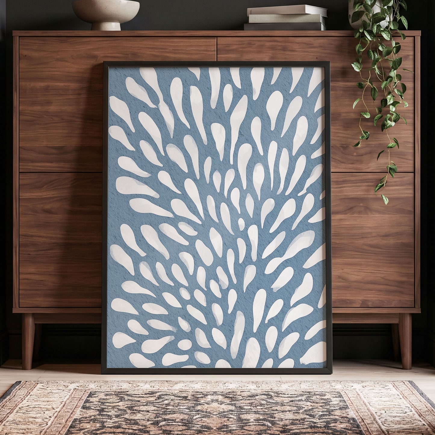 Rainfall Reverie, blue, white, gray abstract wall art displayed in a styled interior, gallery view 2