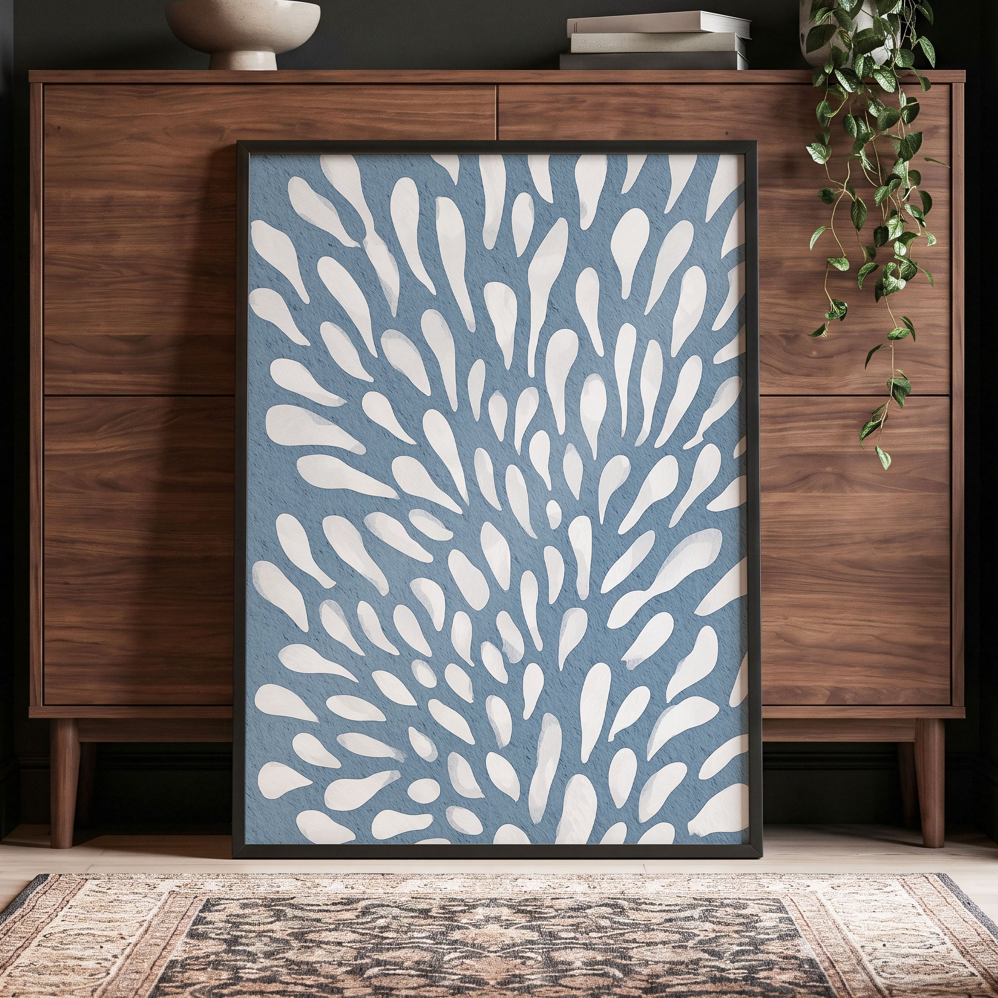 Rainfall Reverie, blue, white, gray abstract wall art displayed in a styled interior, gallery view 2