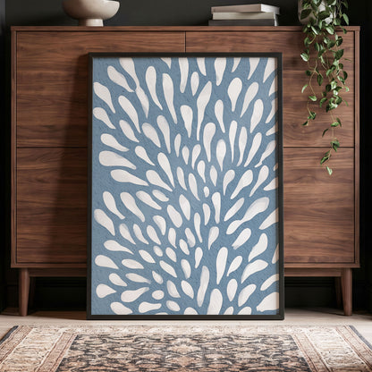 Rainfall Reverie, blue, white, gray abstract wall art displayed in a styled interior, gallery view 2
