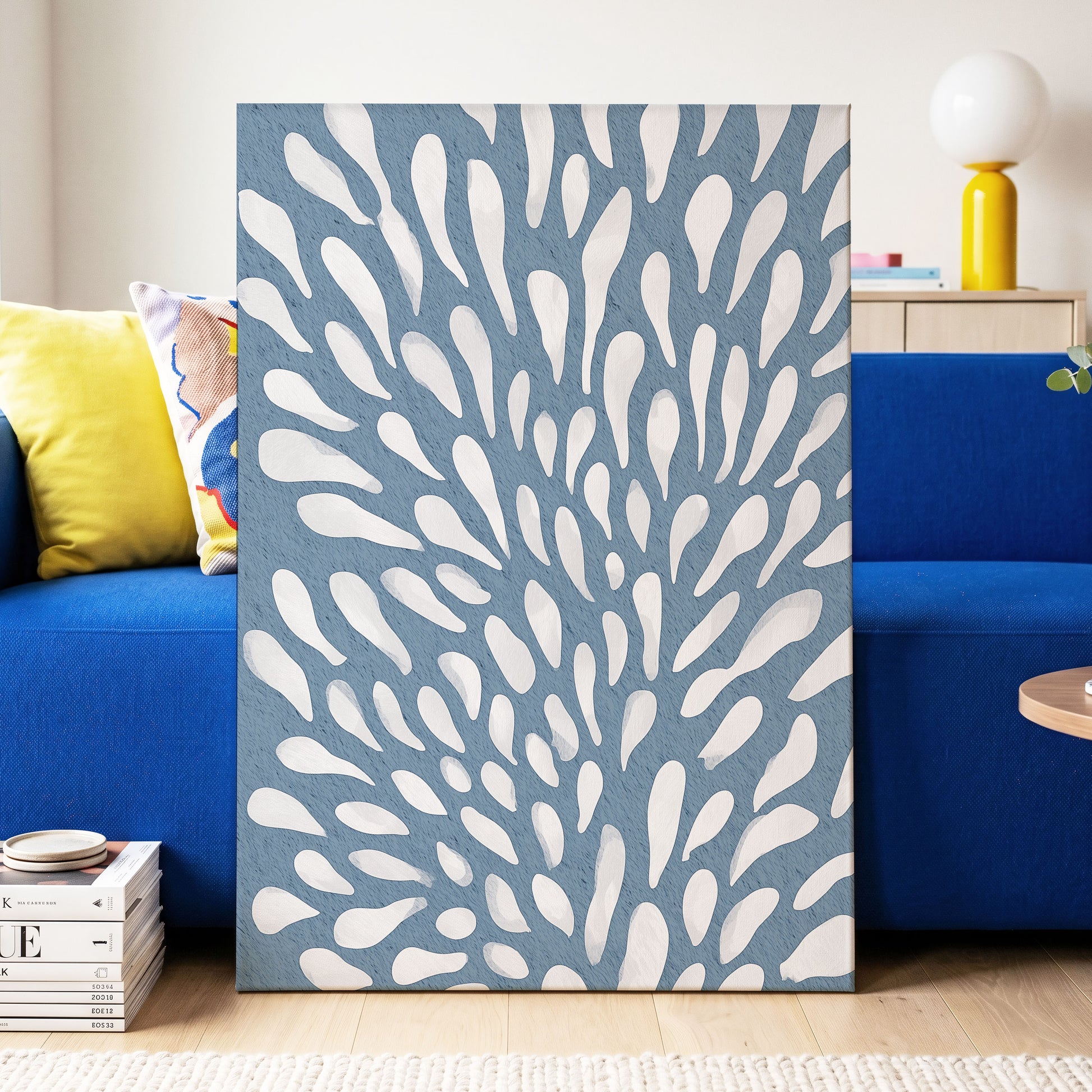 Rainfall Reverie, blue, white, gray abstract wall art displayed in a styled interior, gallery view 3