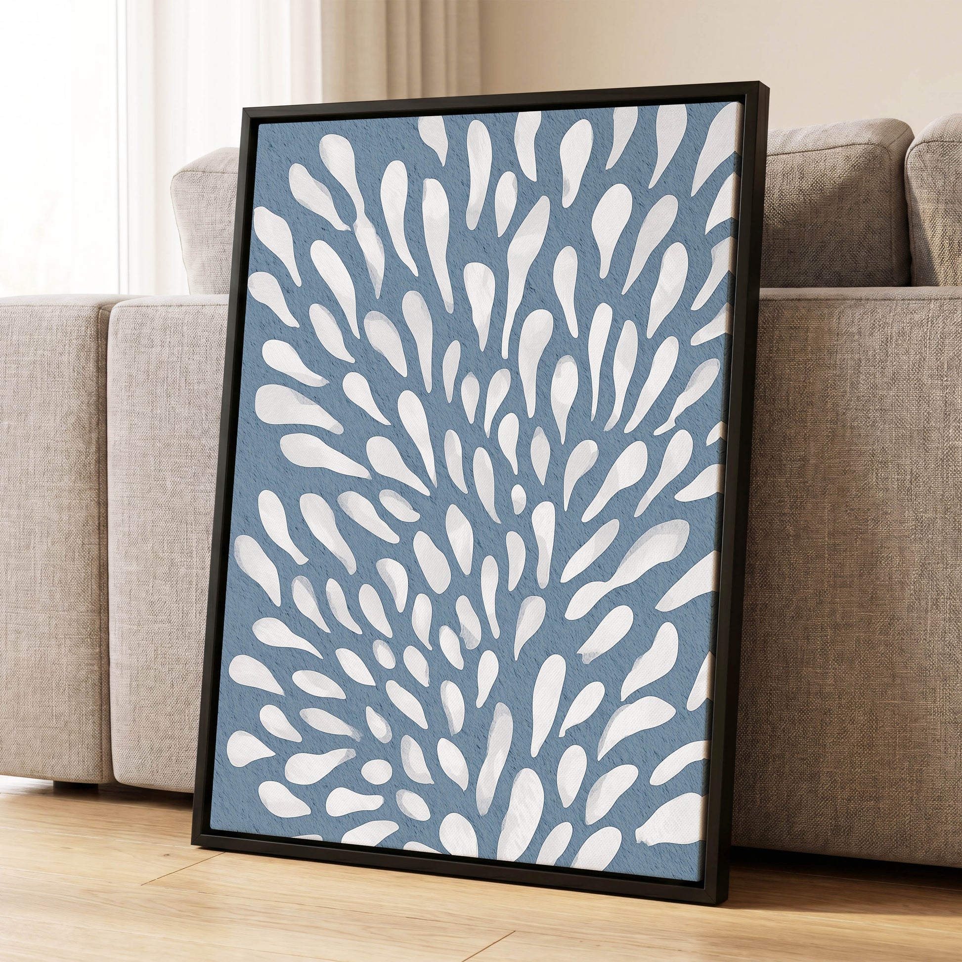 Rainfall Reverie, blue, white, gray abstract wall art displayed in a styled interior, gallery view 4