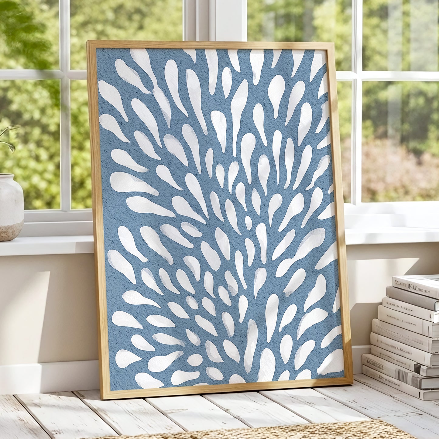 Rainfall Reverie, blue, white, gray abstract wall art displayed in a styled interior, gallery view 6