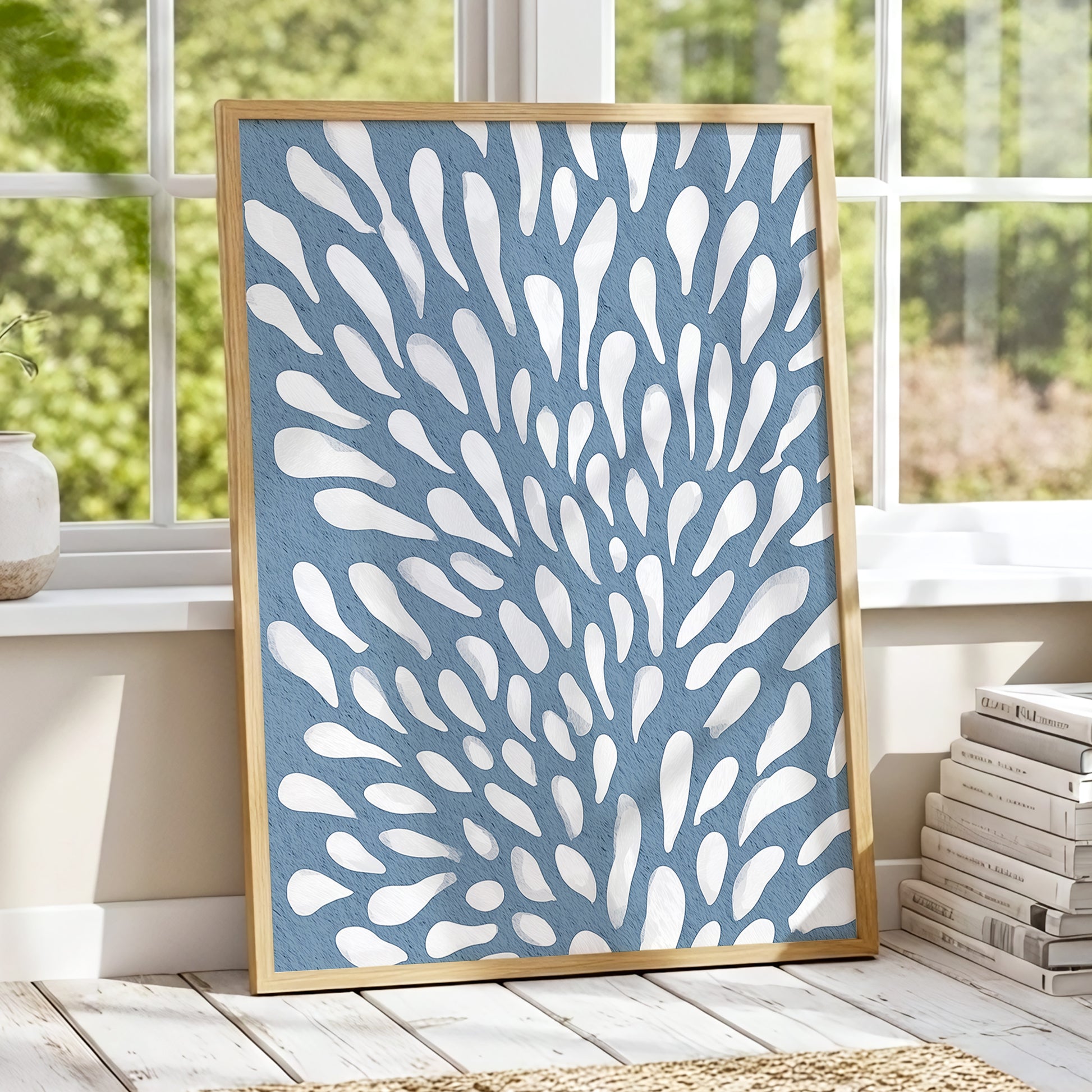 Rainfall Reverie, blue, white, gray abstract wall art displayed in a styled interior, gallery view 6