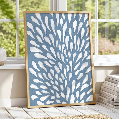 Rainfall Reverie, blue, white, gray abstract wall art displayed in a styled interior, gallery view 6