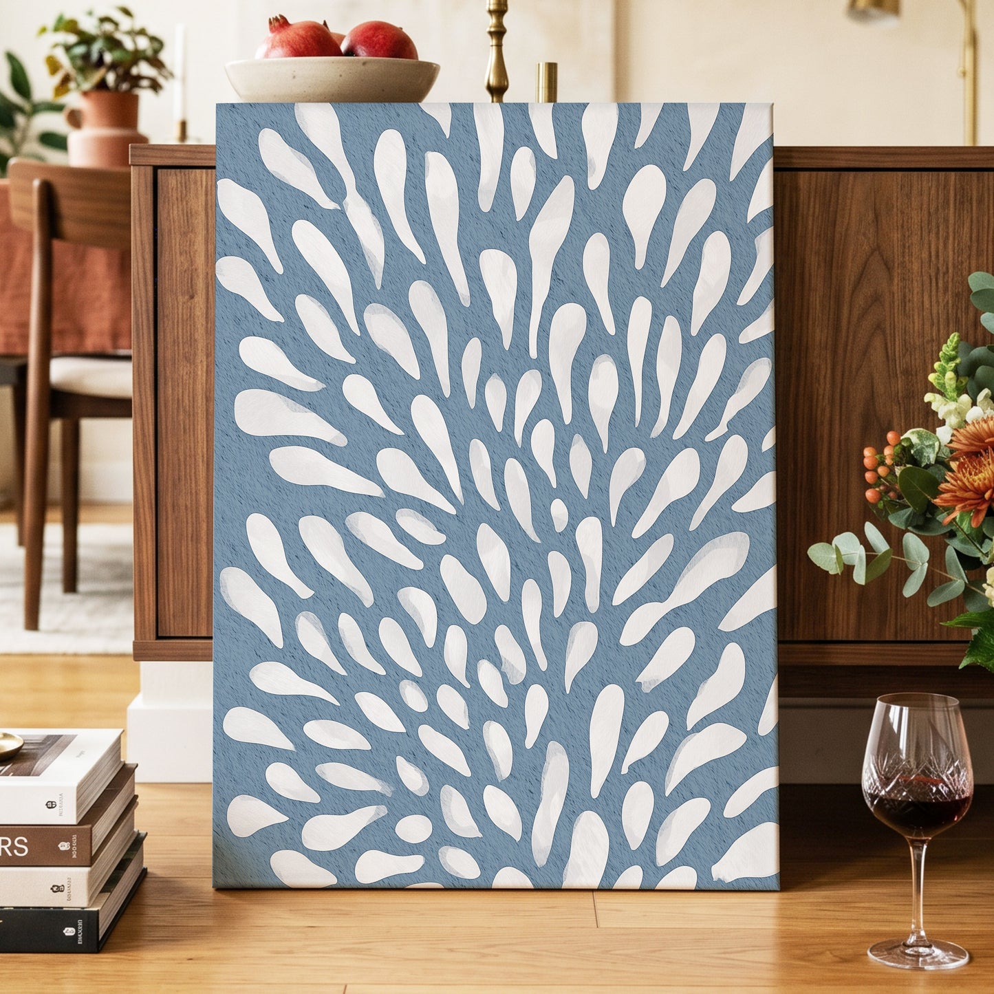 Rainfall Reverie, blue, white, gray abstract wall art displayed in a styled interior, gallery view 7