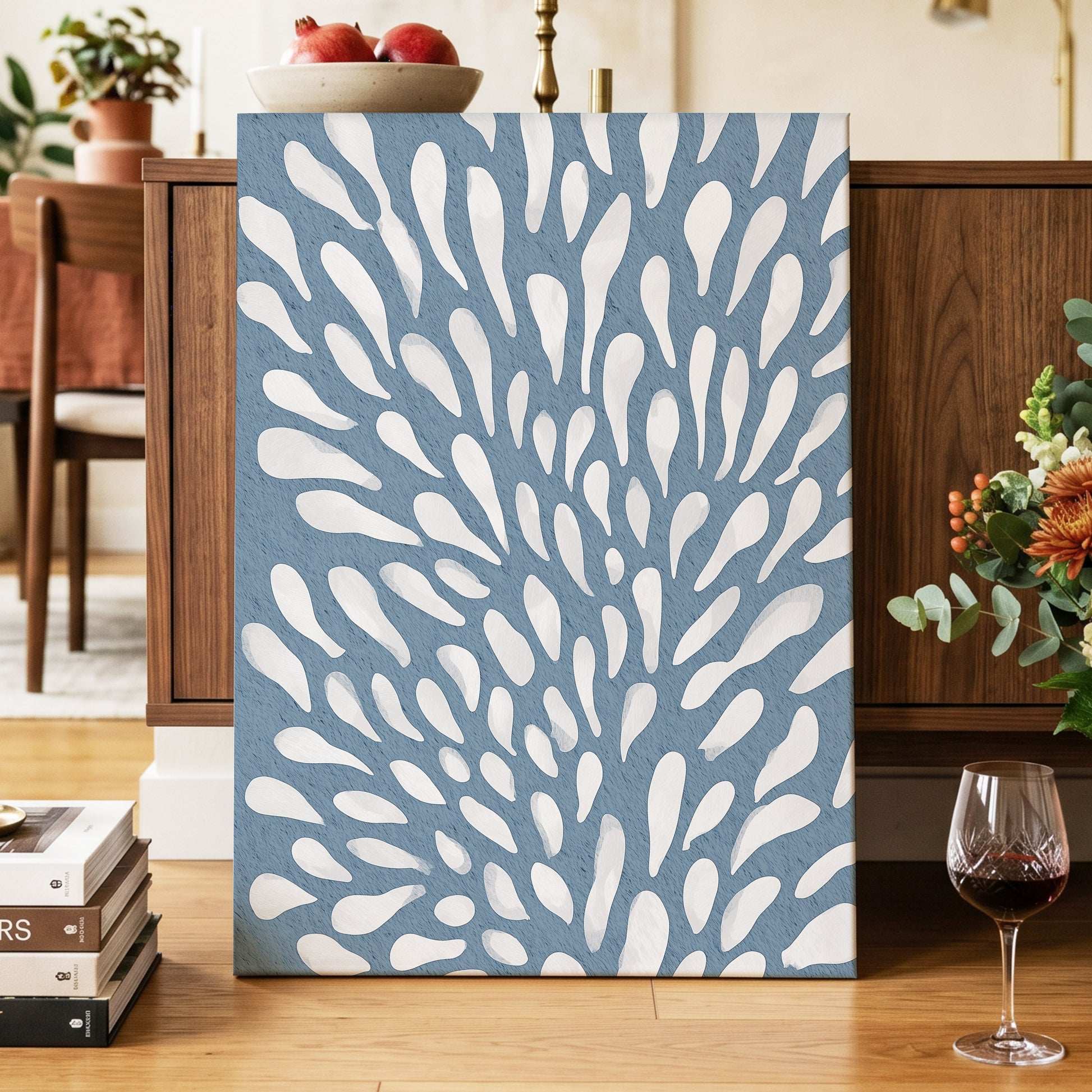 Rainfall Reverie, blue, white, gray abstract wall art displayed in a styled interior, gallery view 7