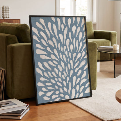 Rainfall Reverie, blue, white, gray abstract wall art displayed in a styled interior, gallery view 9