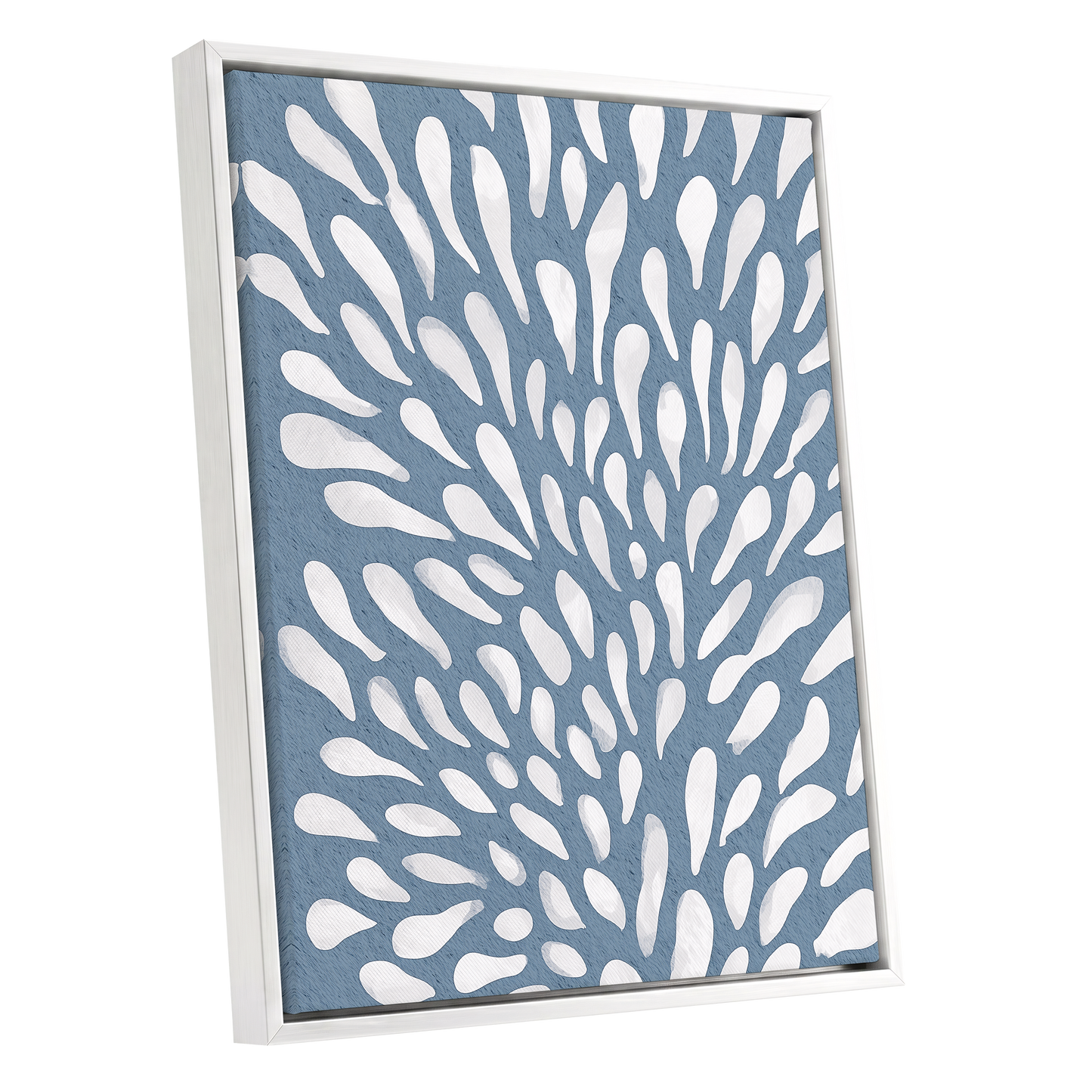 Rainfall Reverie, blue, white, gray abstract wall art shown as a white framed canvas wall art