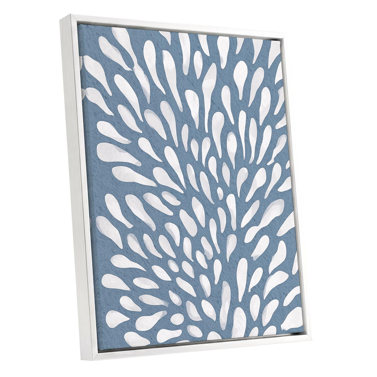 Rainfall Reverie, blue, white, gray abstract wall art shown as a white framed canvas wall art