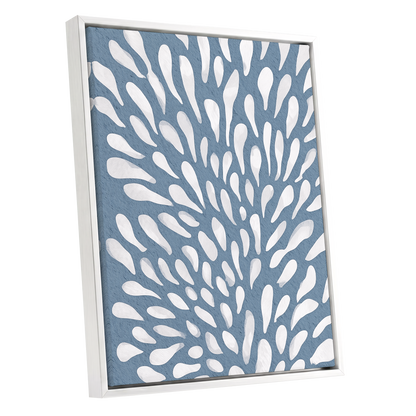 Rainfall Reverie, blue, white, gray abstract wall art shown as a white framed canvas wall art