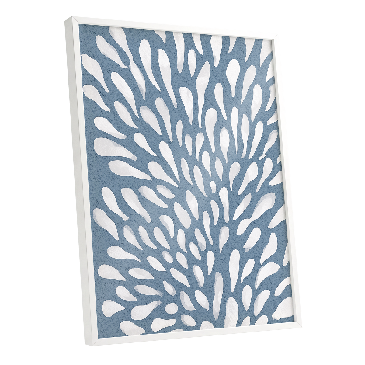 Rainfall Reverie, blue, white, gray abstract wall art shown as a white framed poster wall art print