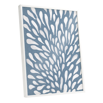 Rainfall Reverie, blue, white, gray abstract wall art shown as a white framed poster wall art print