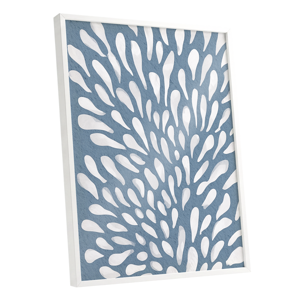 Rainfall Reverie, blue, white, gray abstract wall art shown as a white framed poster wall art print
