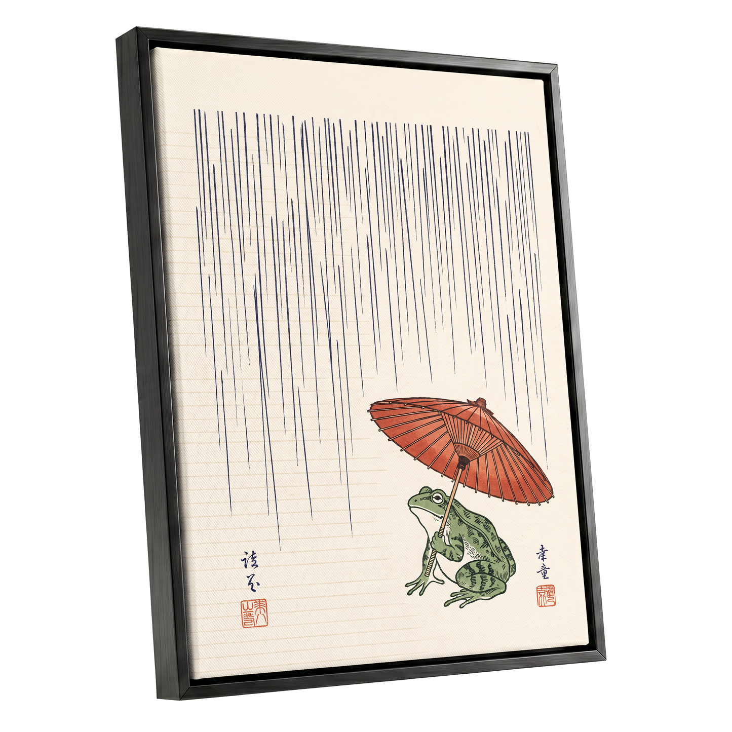 Rainkeeper Frog, beige, blue, green nature wall art shown as a black framed canvas wall art