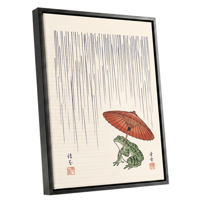Rainkeeper Frog, beige, blue, green nature wall art shown as a black framed canvas wall art