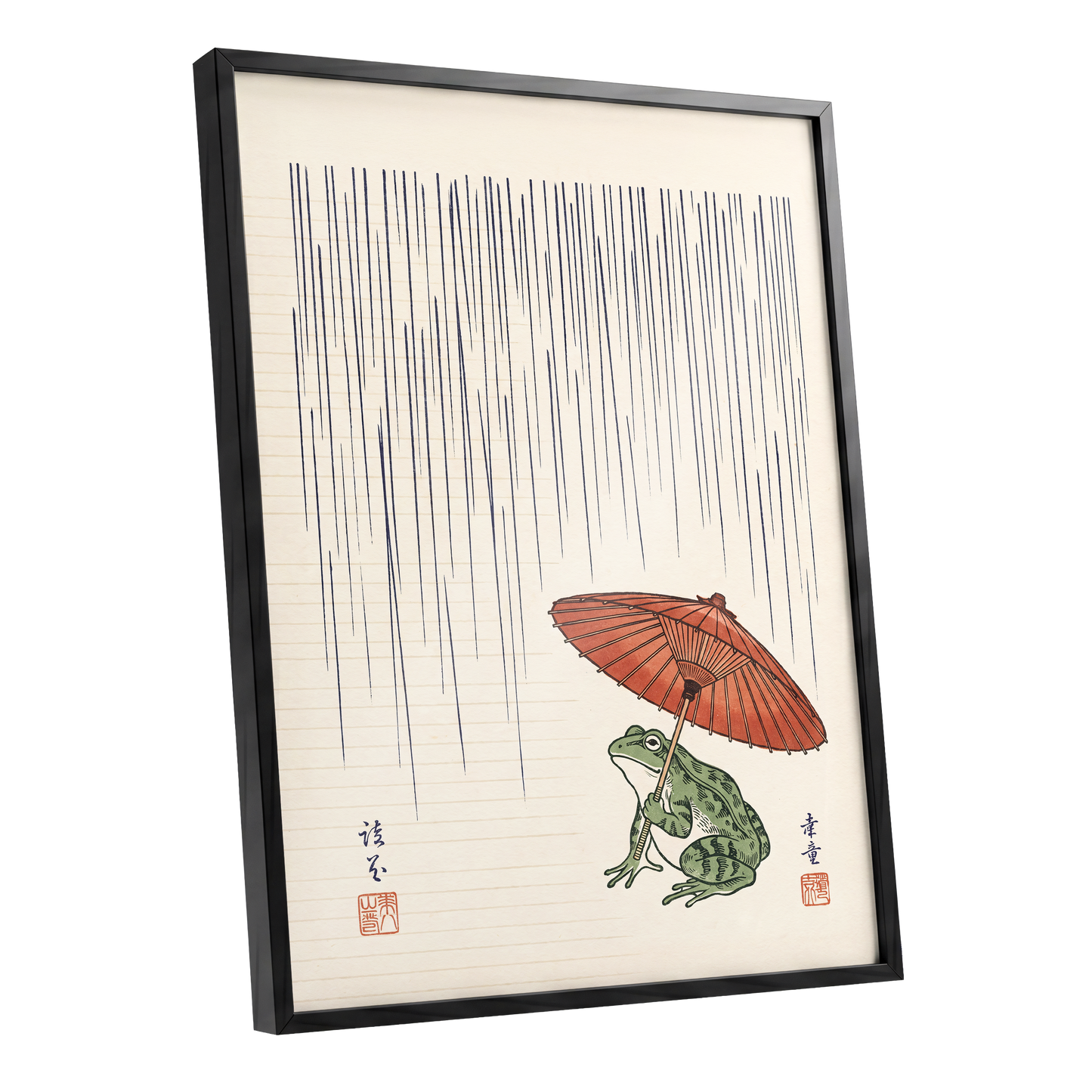 Rainkeeper Frog, beige, blue, green nature wall art shown as a black framed poster wall art print