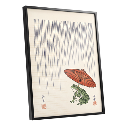 Rainkeeper Frog, beige, blue, green nature wall art shown as a black framed poster wall art print