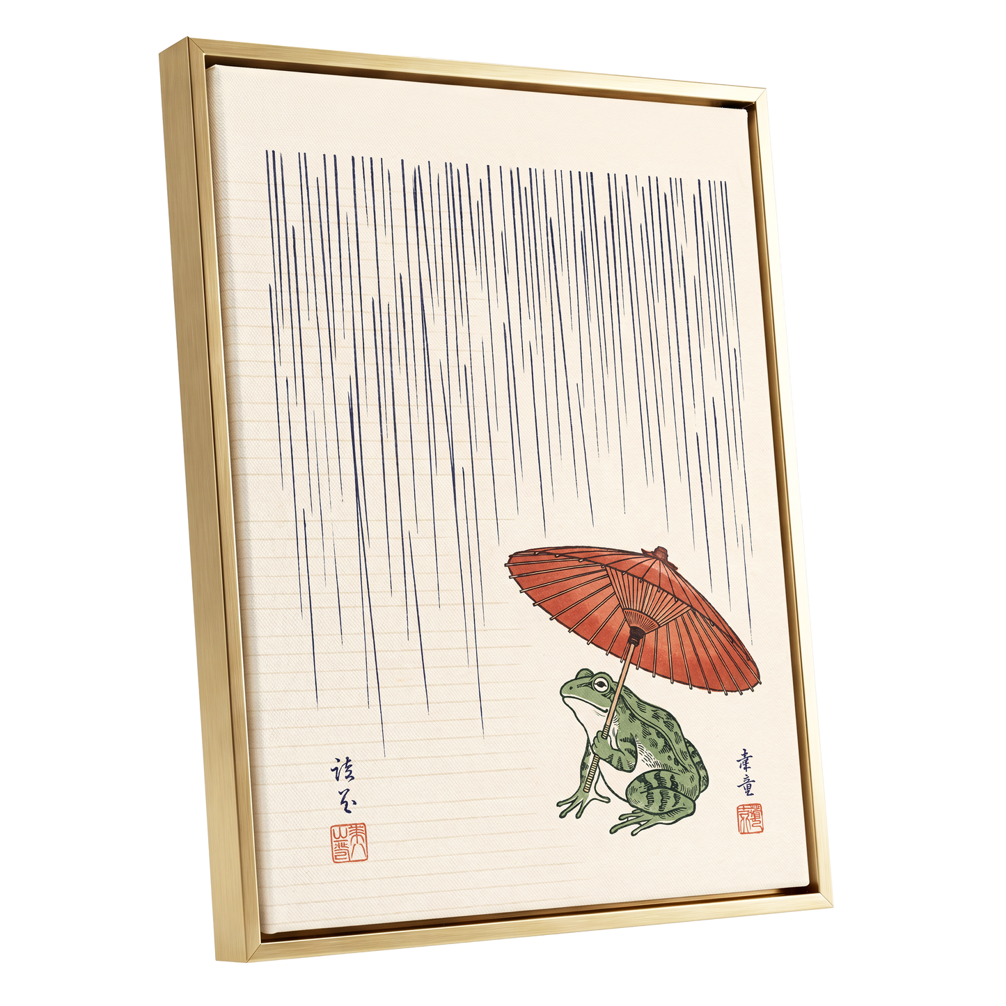 Rainkeeper Frog, beige, blue, green nature wall art shown as a gold framed canvas wall art